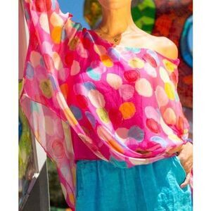 Women’s Pink Multi Polka Dot Dolman Sheer Overlay Top One Size NEW
